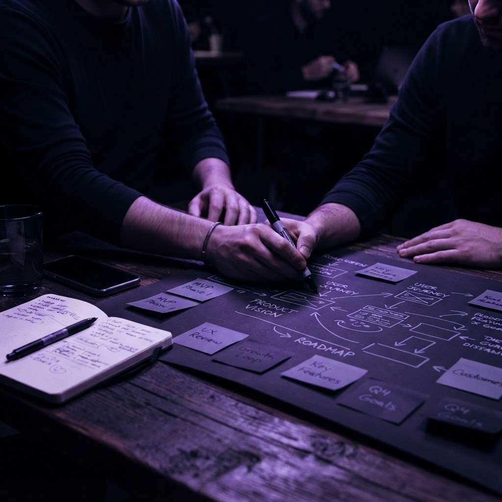 Hands sketching a product map with sticky notes during a strategy session