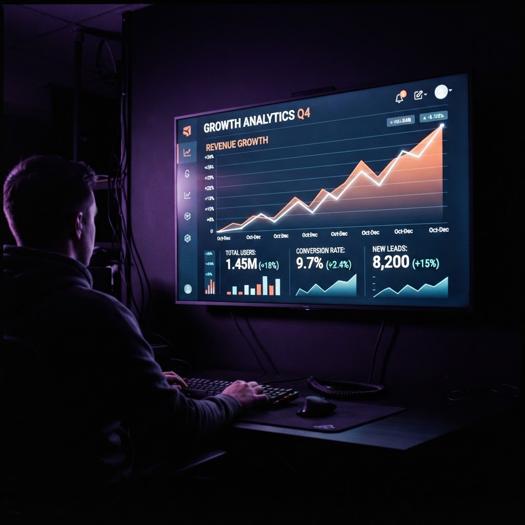 Rising line chart and dashboard metrics on a large screen